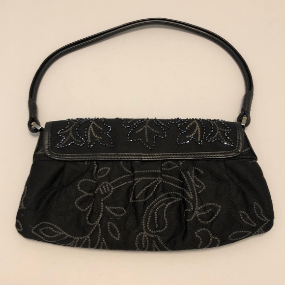 TALBOTS Black Bag With Cream Needlpoint and Adorned with Beautiful Blue Beeding - Picture 4 of 12